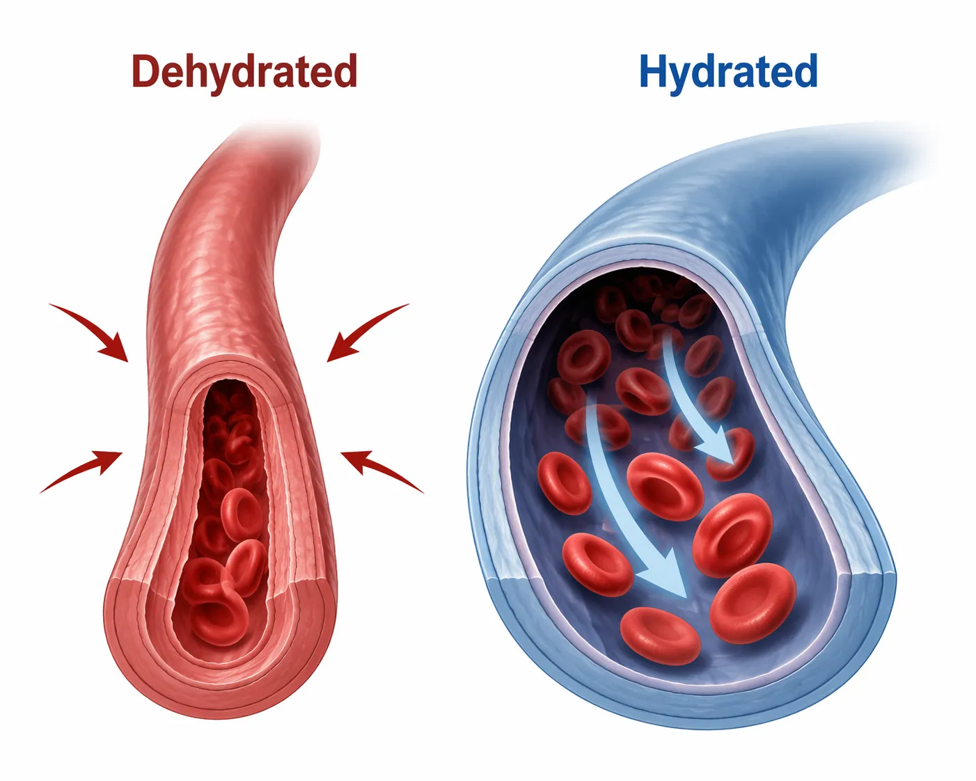 Comparison of a constricted dehydrated blood vessel and a wider hydrated blood vessel