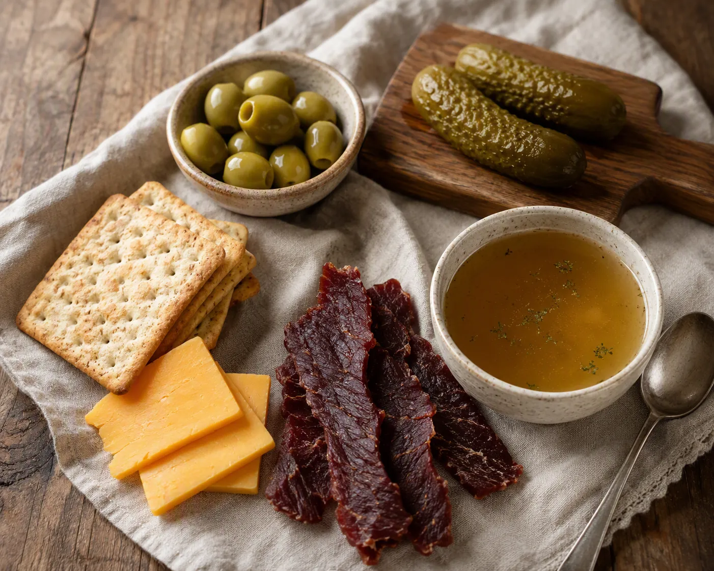 Olives, pickles, crackers with cheddar, beef jerky, and broth arranged as salty pre-workout foods