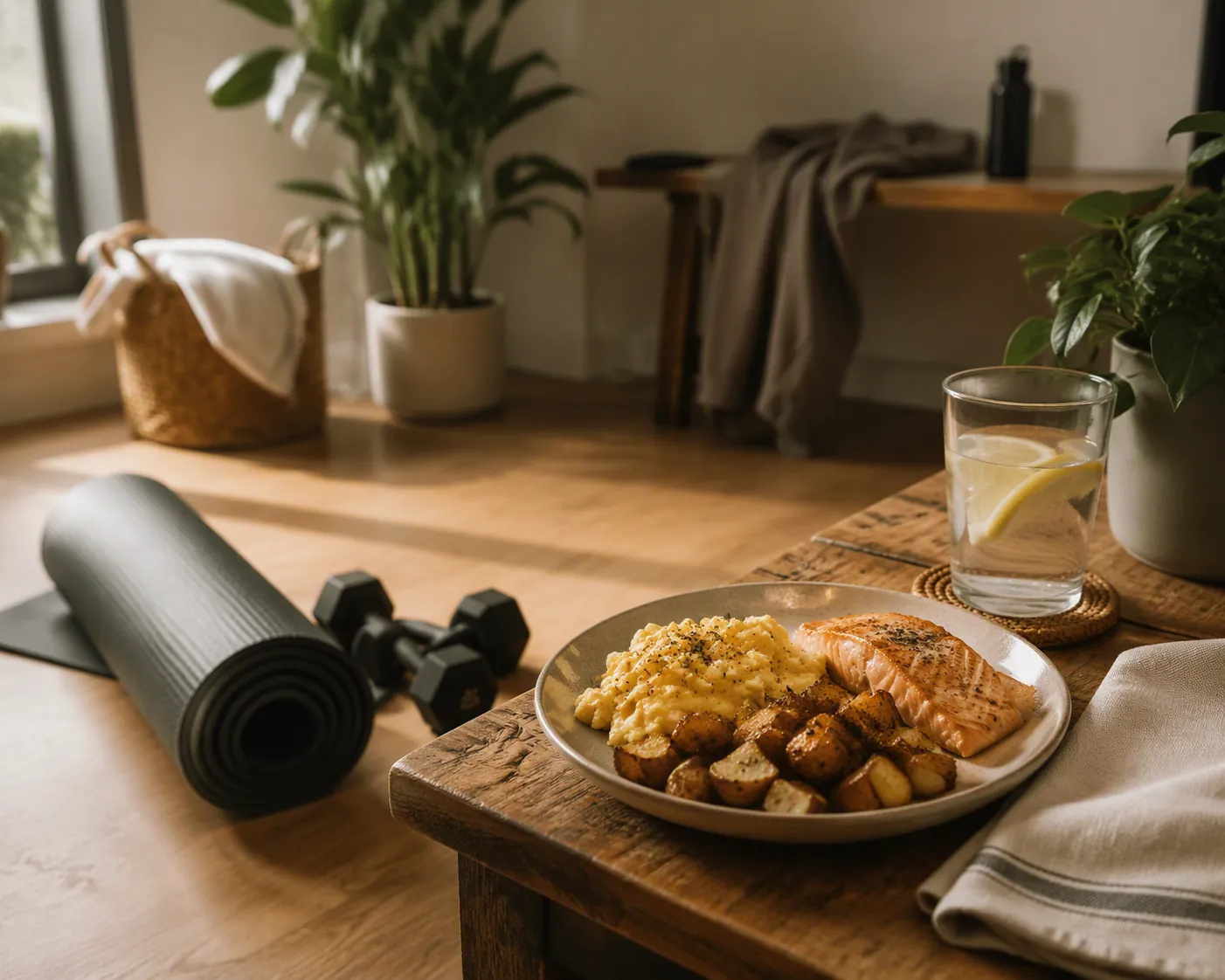 Home workout space with a recovery meal of eggs, potatoes, salmon, and lemon water