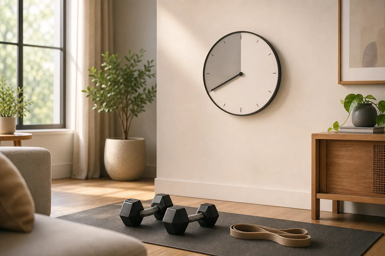 Home workout space with dumbbells, resistance band, yoga mat, and wall clock suggesting an eating window