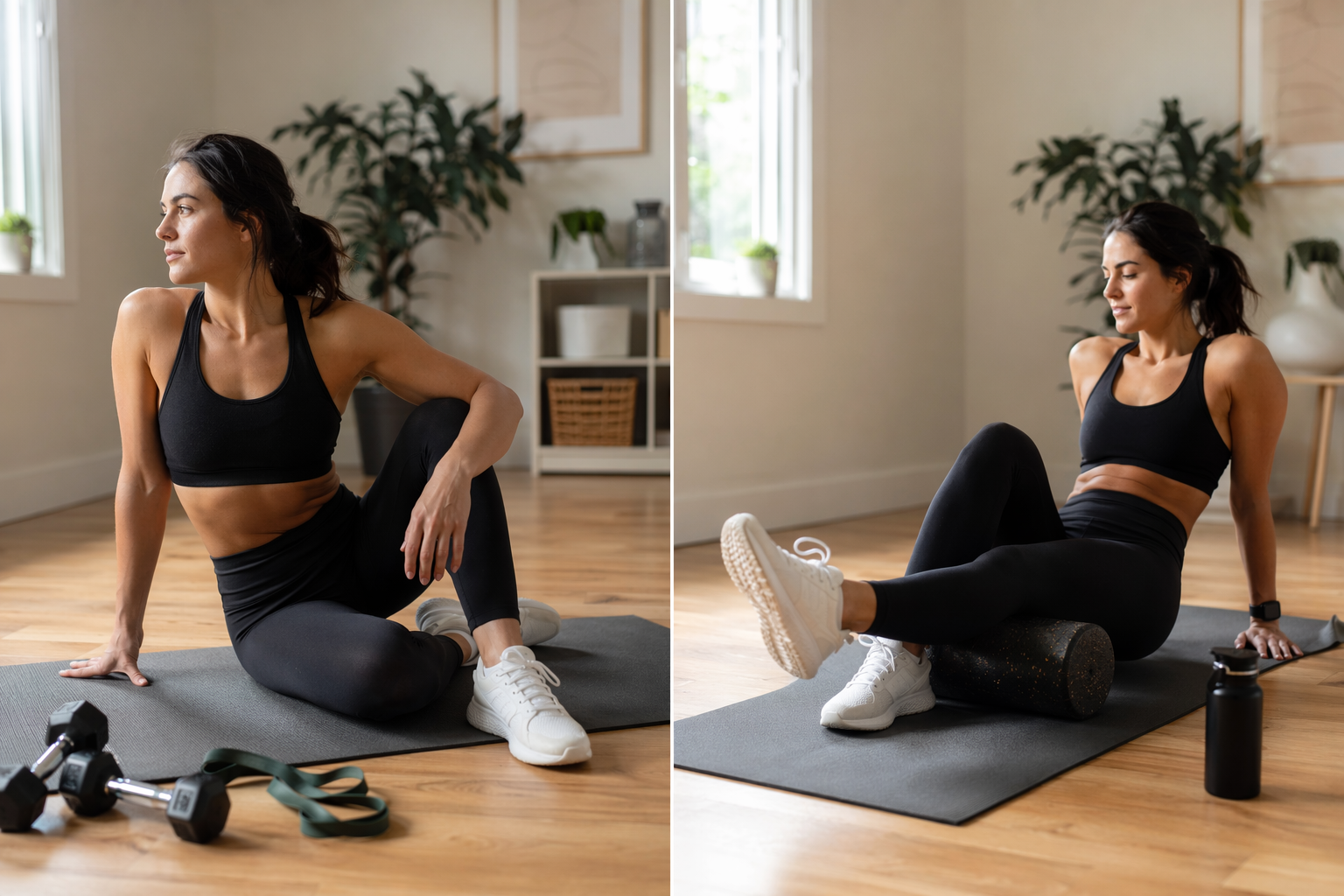 Split composition: left side shows a person finishing a home workout with dumbbells on a yoga mat; right side shows the same person foam rolling on the mat with a water bottle and smartwatch nearby.