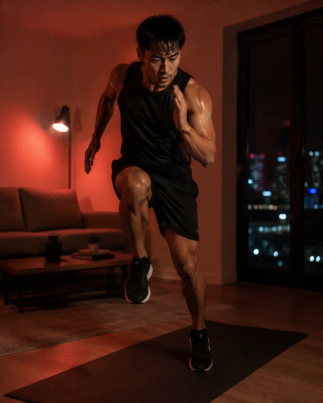 Person doing a high-intensity bodyweight workout on a mat in a small apartment living room with warm red lighting