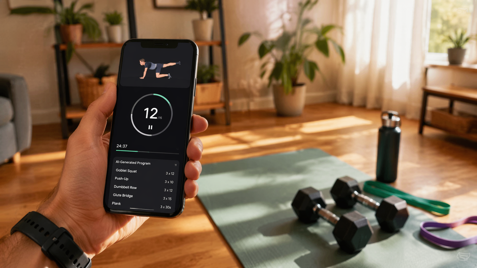 A smartphone held in a hand displaying a fitness workout app interface on screen, set in a bright modern home with wooden floors, dumbbells, a yoga mat, and resistance bands on the floor near a window with warm natural lighting.
