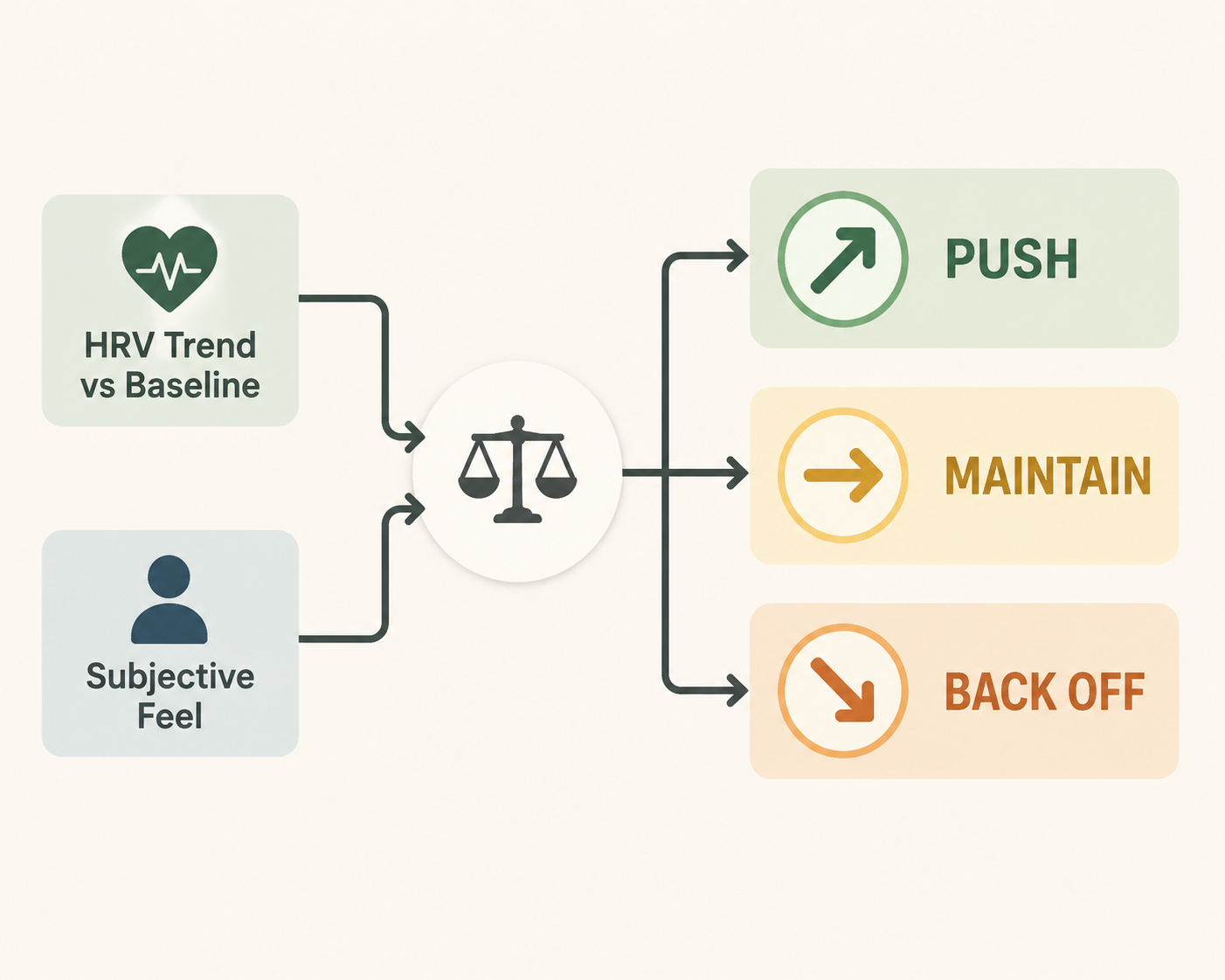 Decision framework showing HRV trend and subjective feel leading to push, maintain, or back off outcomes