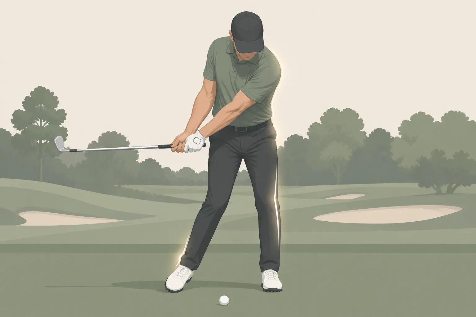 Front-view illustration of half-swing impact checkpoints including lead leg, trail heel, hip rotation, weight over lead ankle, and spine angle