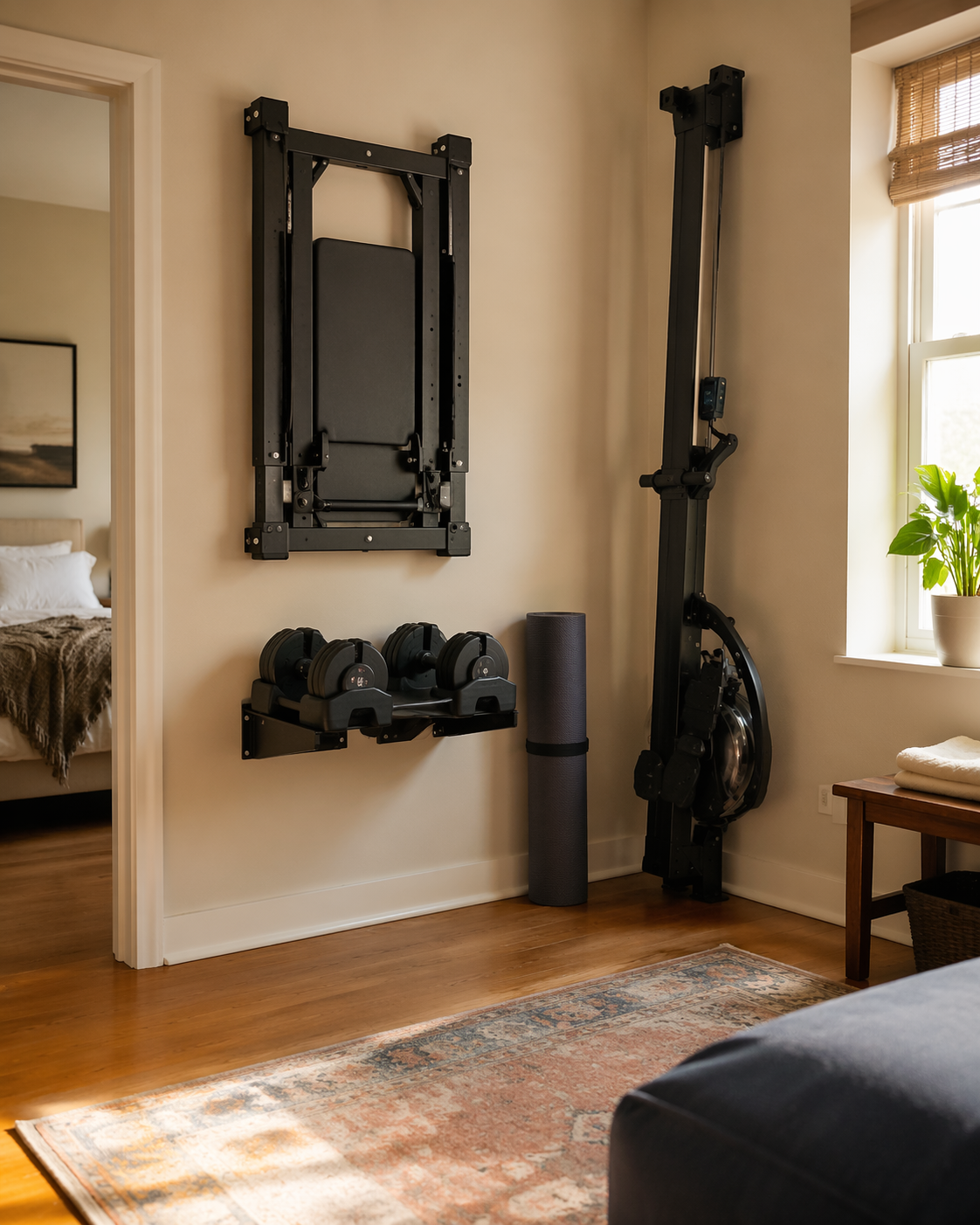A compact home gym in an apartment corner with a wall-mounted rack folded flat, dumbbells stored beneath it, a mat rolled in the corner, and a Concept2 rower stored upright.