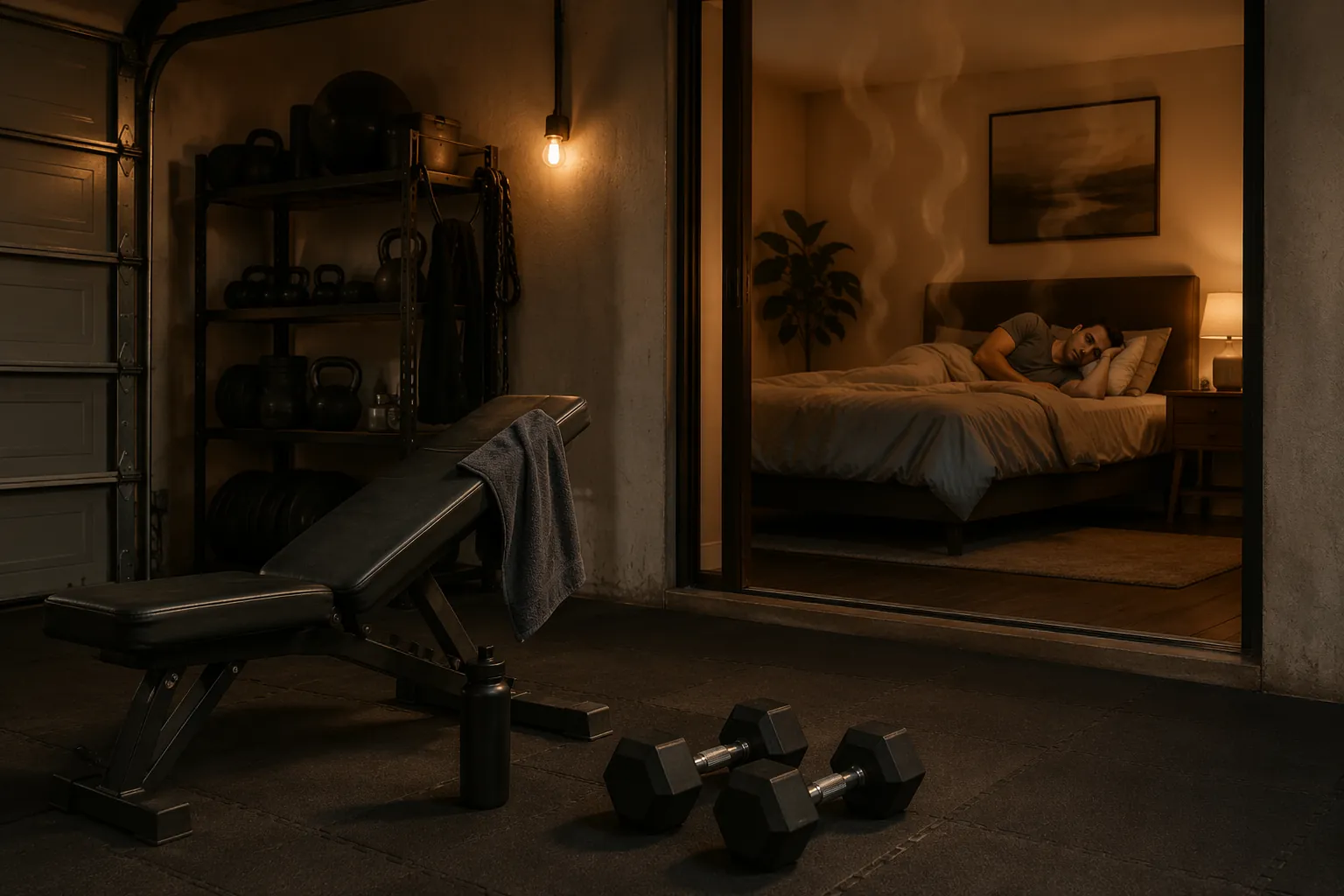 Home gym equipment beside a warm bedroom where a person lies awake in summer heat