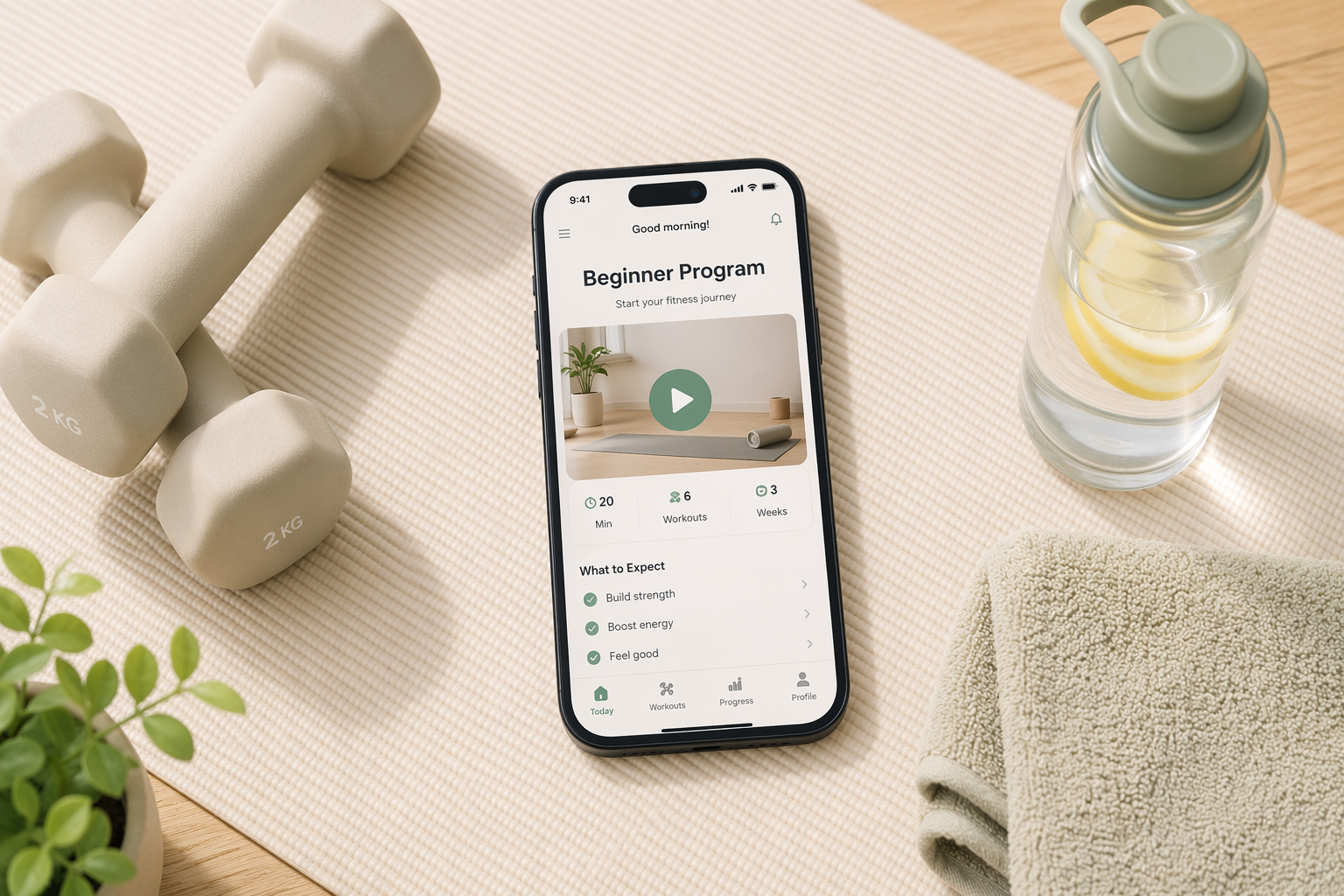 A smartphone on a yoga mat next to dumbbells, a water bottle, and a towel, showing a workout app with a Beginner Program label.