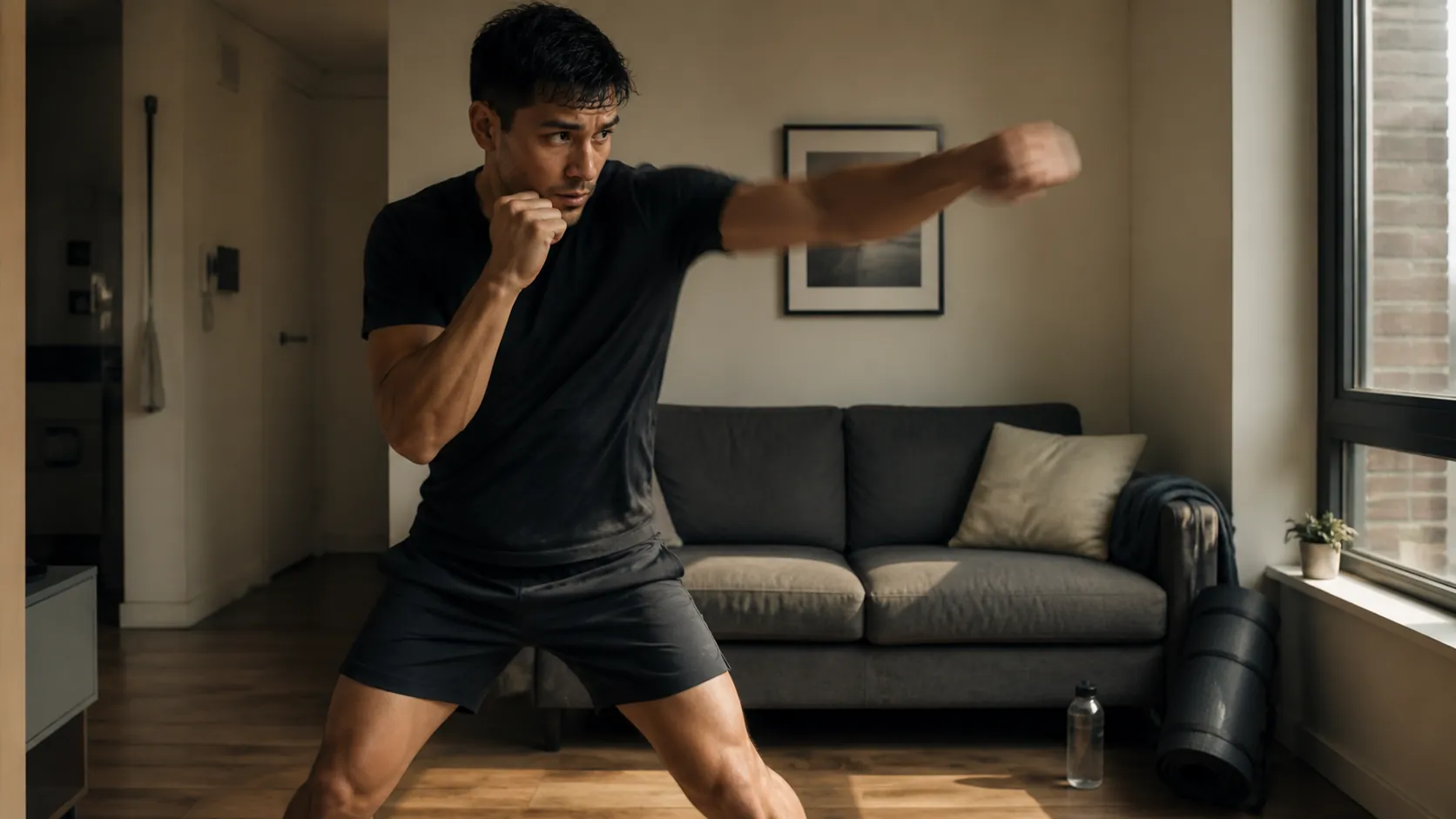 Person shadow boxing in a compact apartment living room with furniture pushed aside