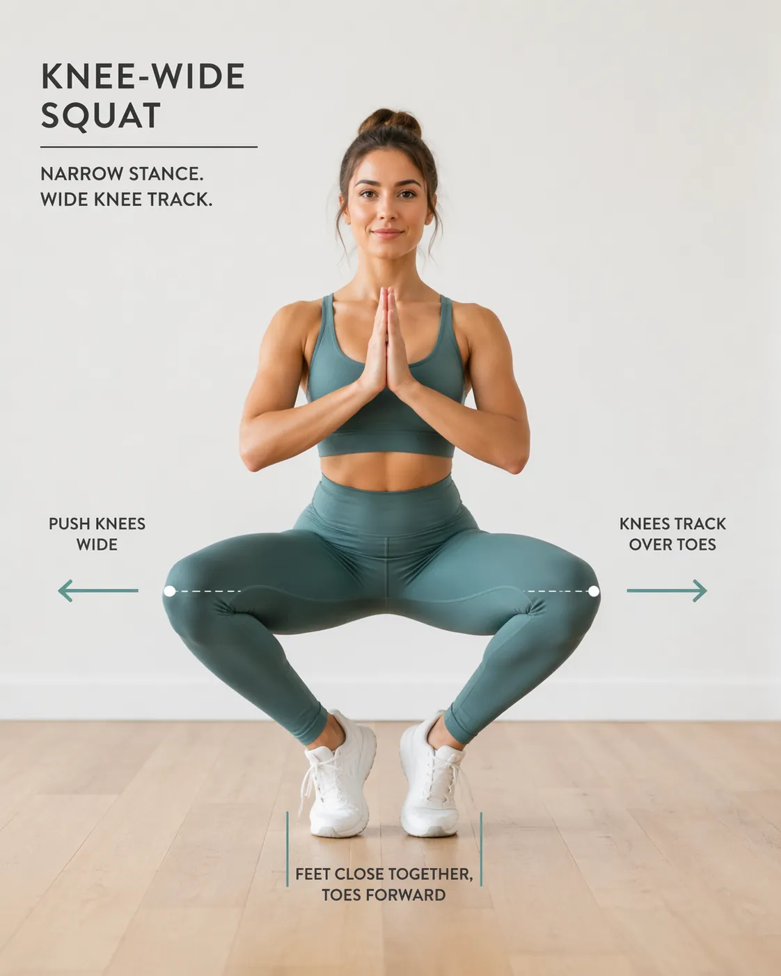 Front-view demonstration of a barre-style knee-wide squat with feet close and knees wide