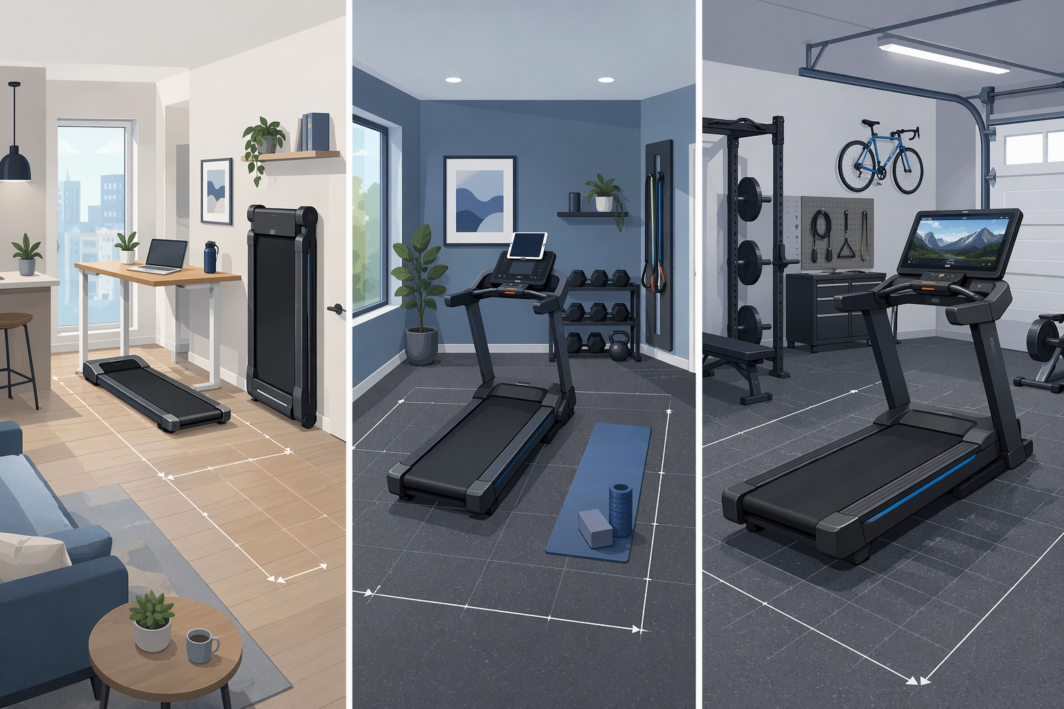 A triptych editorial illustration showing three home environments side by side: a small apartment with a folding treadmill stored vertically and a walking pad under a desk, a medium home gym with a mid-range treadmill and tablet holder, and a garage gym with a premium large-screen treadmill, connected by subtle floor-plan grid lines.