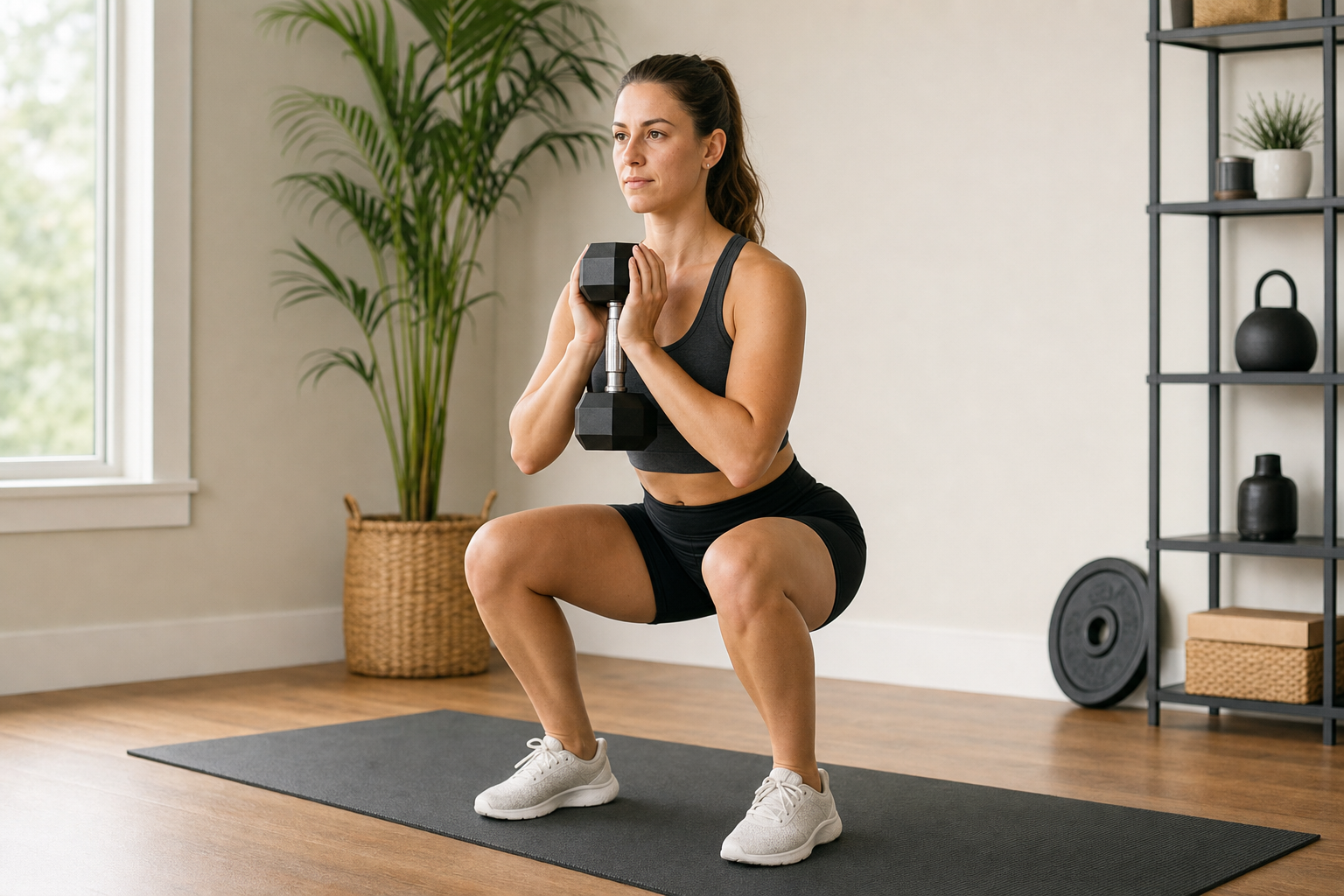 A person performing a dumbbell goblet squat with correct upright posture, holding a dumbbell vertically against the chest.
