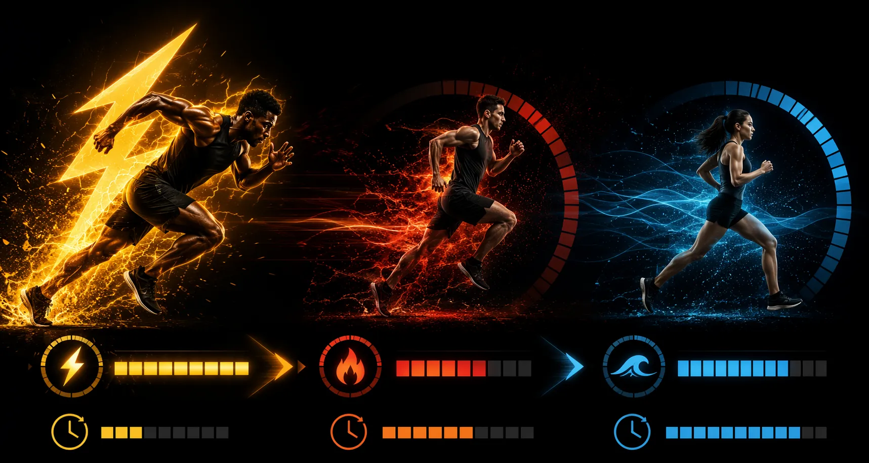 Three energy system zones showing ATP-PC explosive power, glycolytic effort, and endurance work