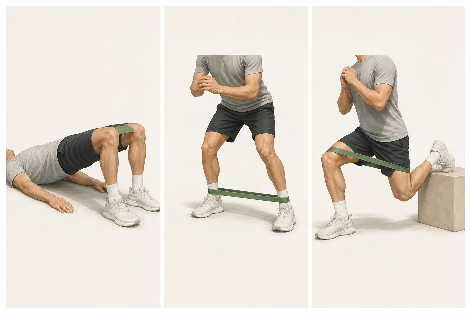 Three resistance band exercises: banded glute bridge, monster walk, and banded split squat