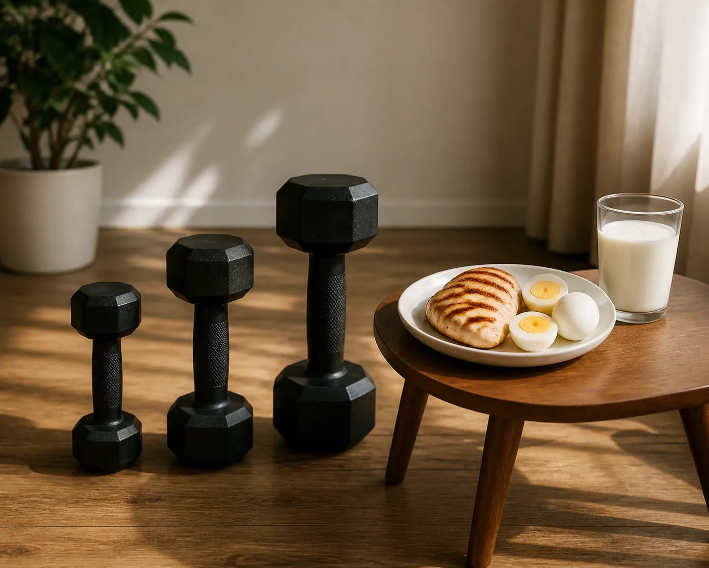 Three dumbbells of increasing size next to protein foods on a wooden floor