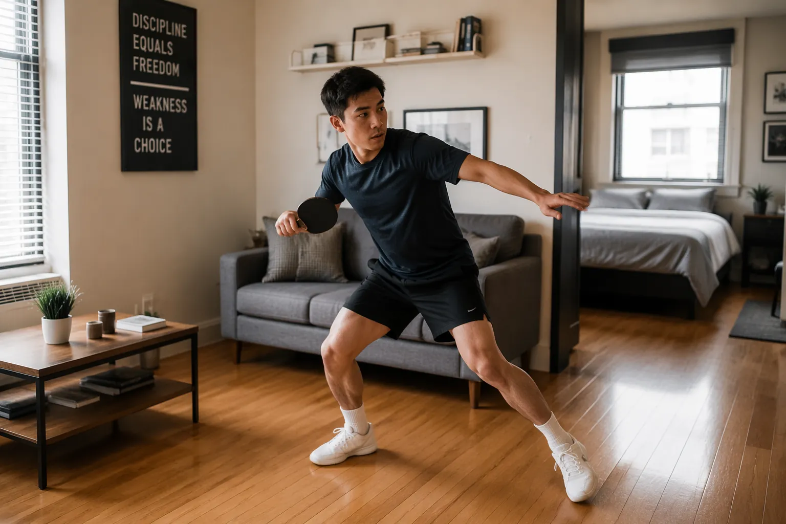 Person holding a ping pong paddle in a compact studio apartment with no table visible