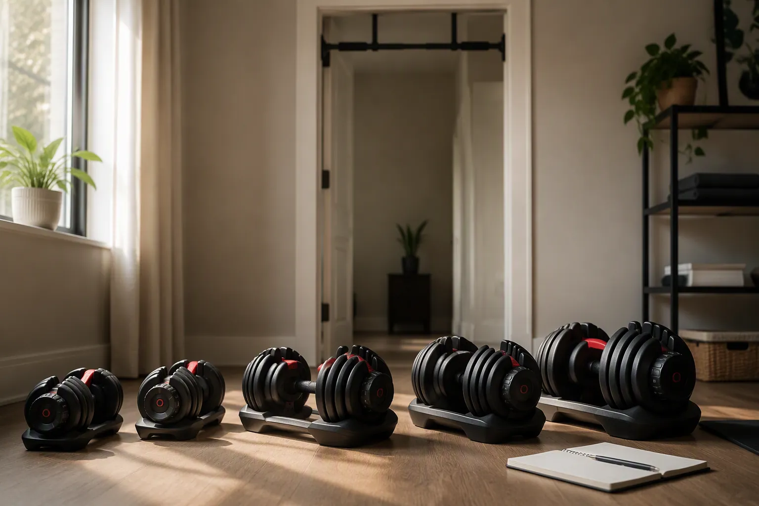 Home workout space with adjustable dumbbells, a doorway pull-up bar, and a training notebook on the floor