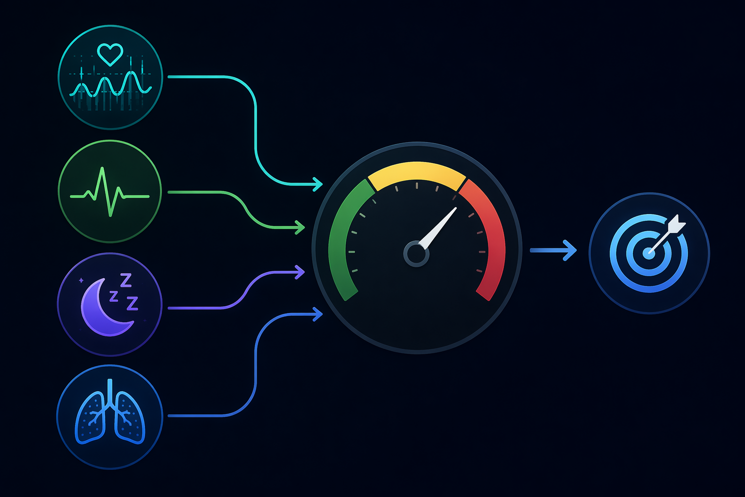 Four recovery inputs feeding into a green yellow red gauge and a daily strain target
