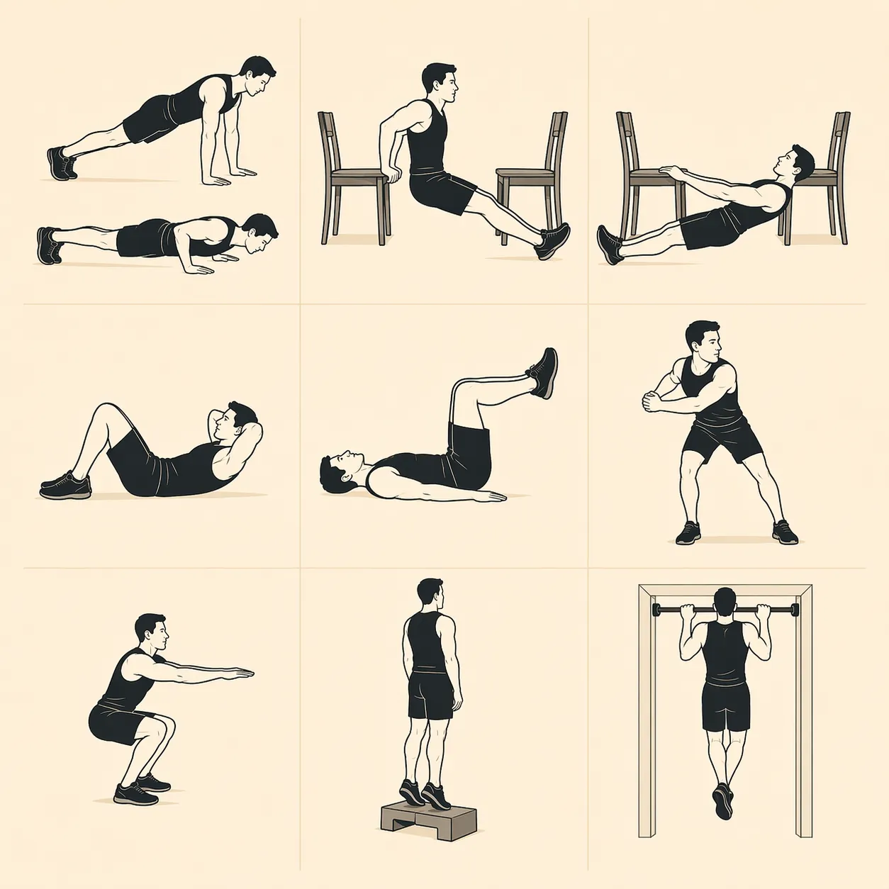 Nine bodyweight exercises shown as simple silhouettes in a grid
