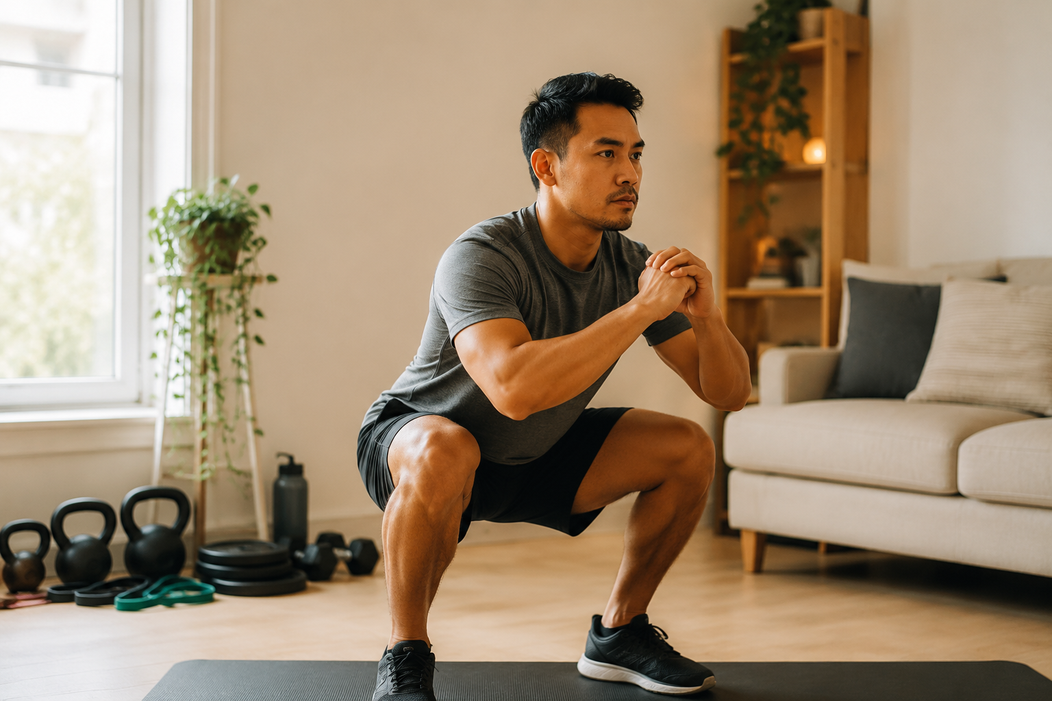 Person performing a bodyweight squat in a bright home living room