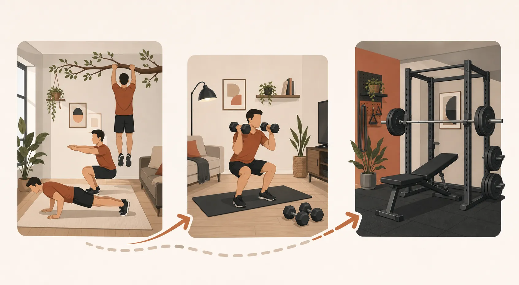 Three home-training tiers showing bodyweight exercise, dumbbells on a mat, and a small home gym corner