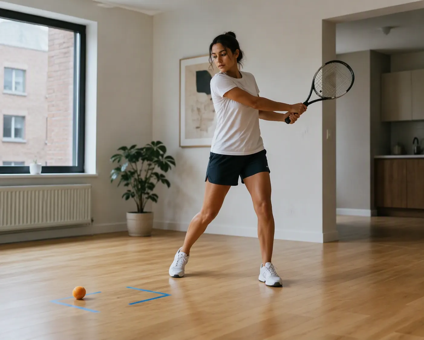 A woman practices a slow-motion tennis shadow swing in a cleared apartment living room with painter's tape markers and a foam tennis ball on the floor