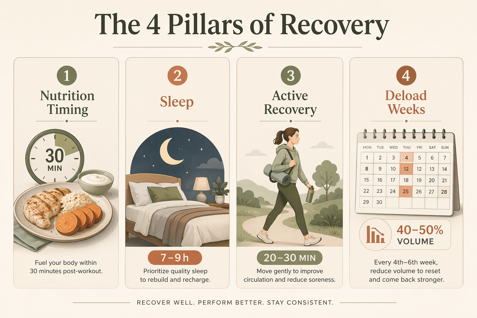 Four-pillar illustration showing Nutrition Timing, Sleep, Active Recovery, and Deload Weeks with icons.