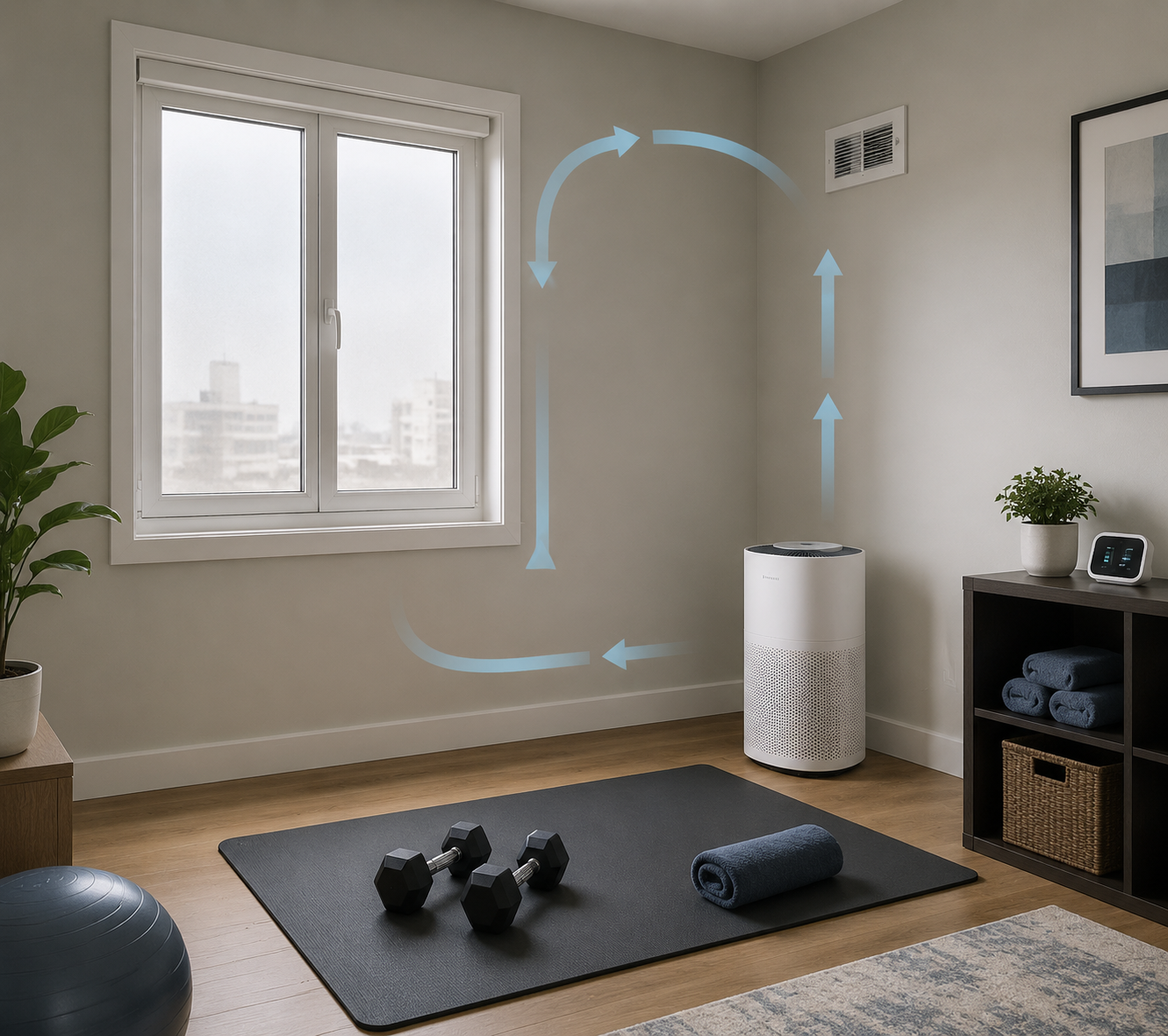 Illustration of a small home workout room with a closed window, HEPA purifier, HVAC vent, PM2.5 monitor, yoga mat, and dumbbells