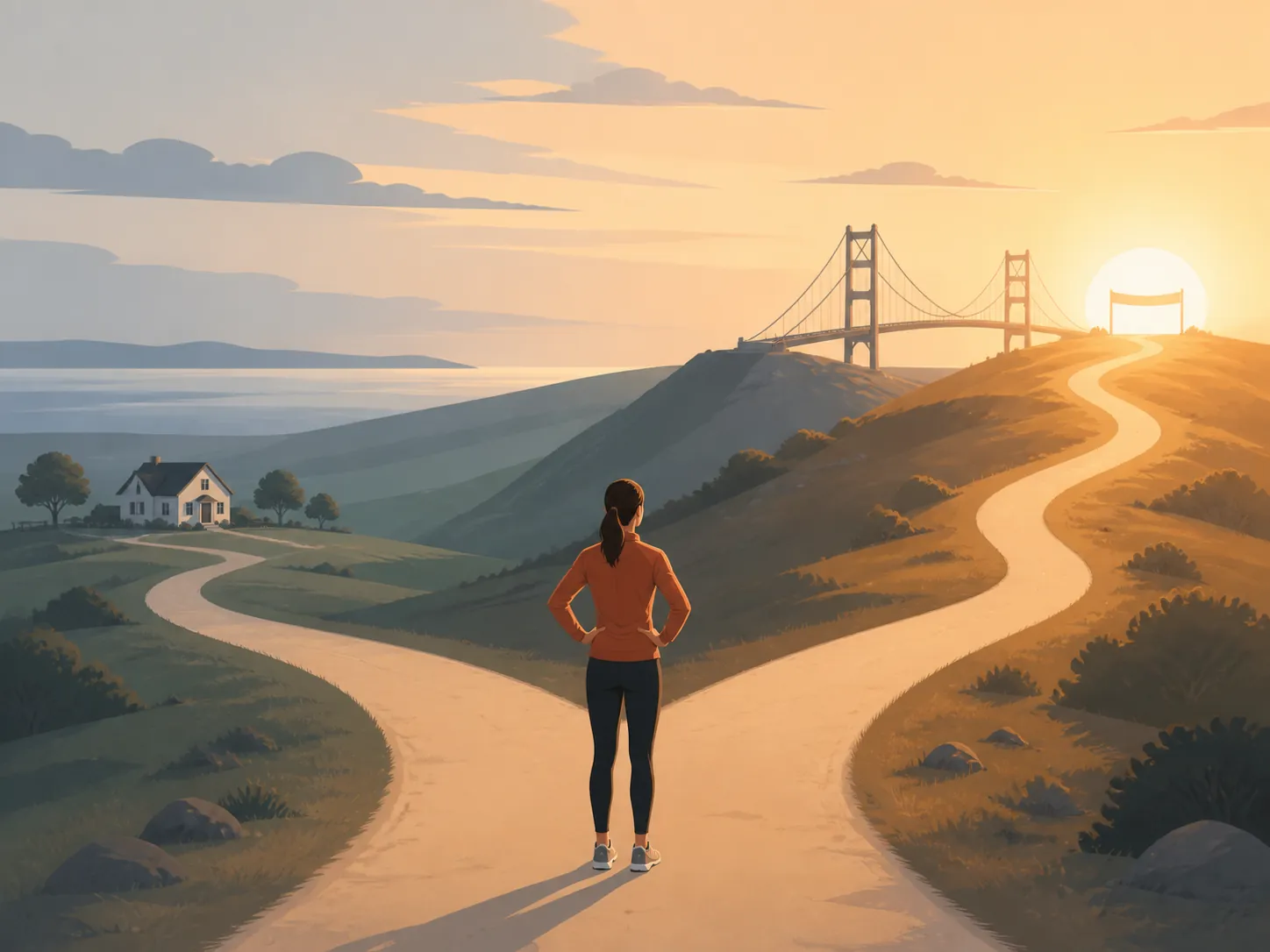 Illustration of a running path forking toward a bridge finish line or back toward home