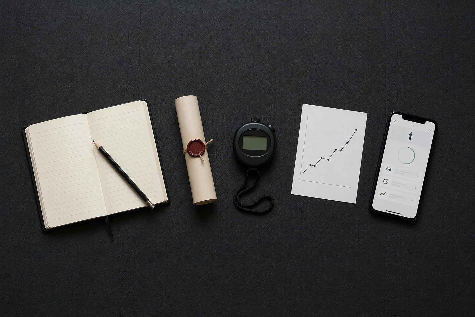 Five minimalist objects arranged in an arc on a dark gym mat: an open notebook with a pencil, a small scroll with a wax seal, a stopwatch, a paper chart showing an upward line, and a smartphone displaying a clean ad-free workout interface.