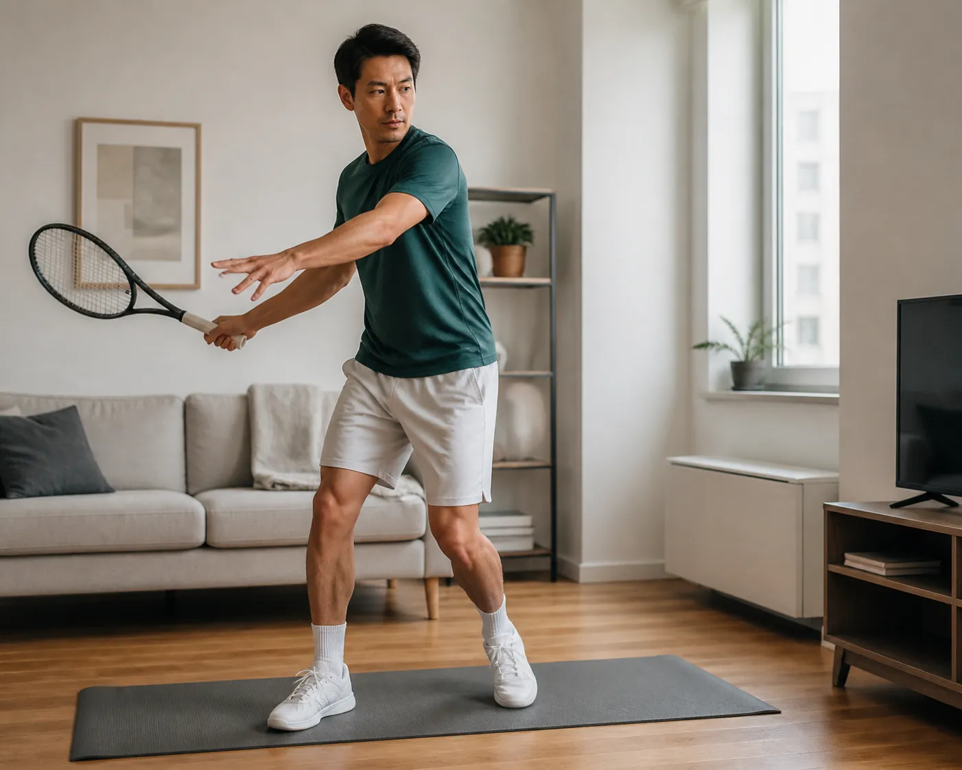 A recreational tennis player doing a quiet shadow forehand swing on a mat in a small apartment living room