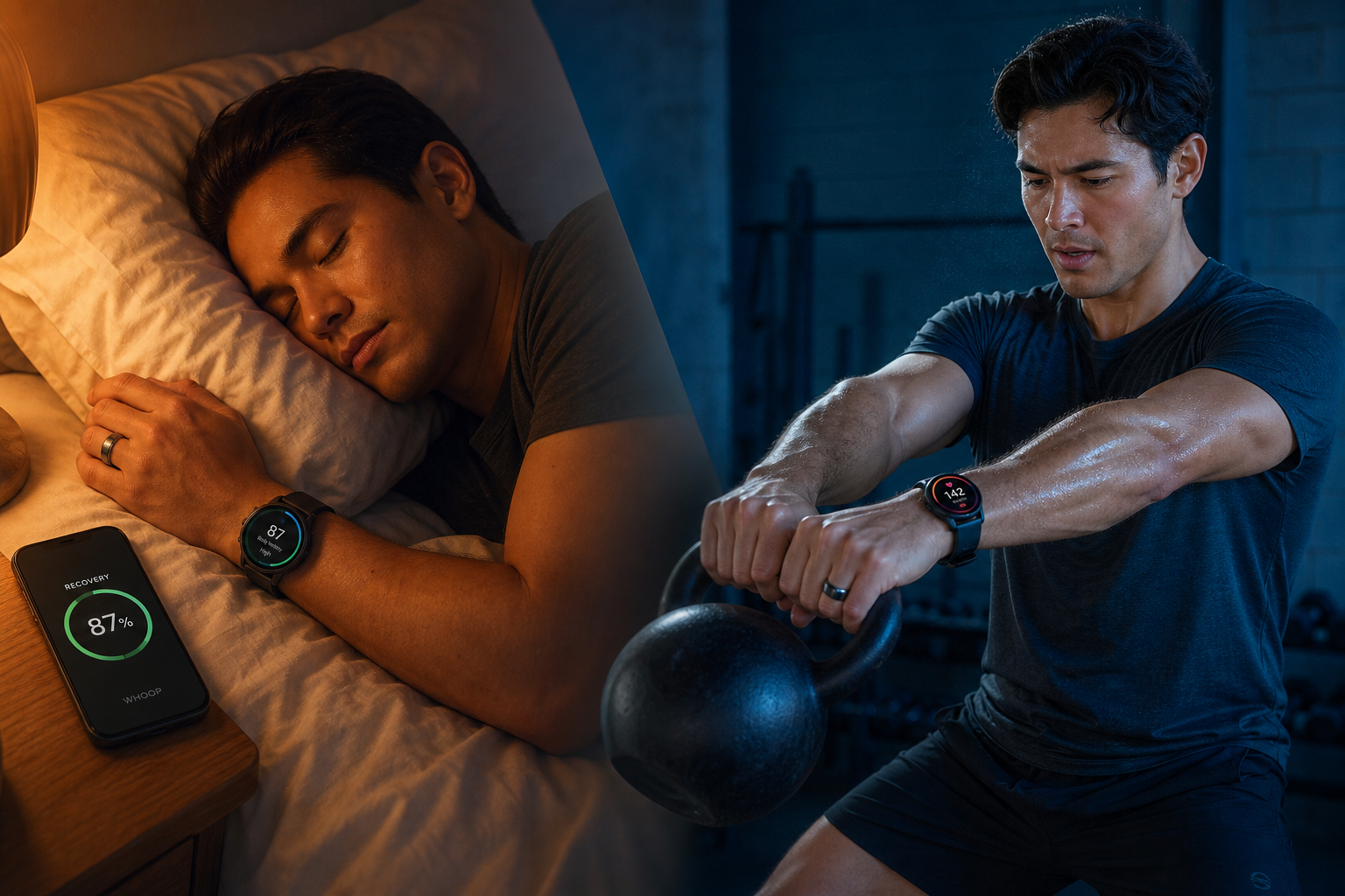 Split composition showing a person sleeping with recovery scores on a nightstand on the left, and the same person mid-workout with heart rate data on the right.