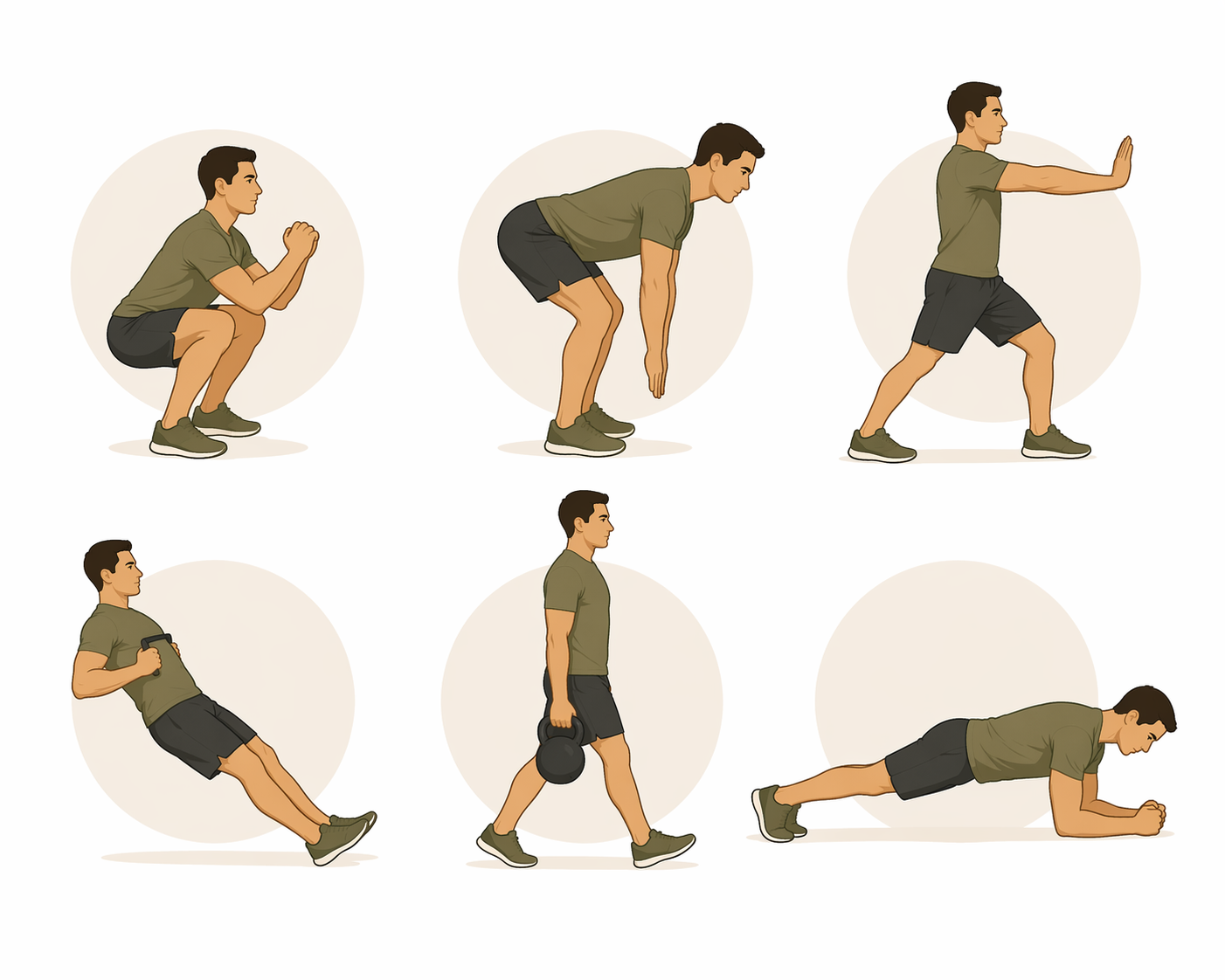Illustration of six simple figures showing squat, hinge, push, pull, carry, and plank movement patterns
