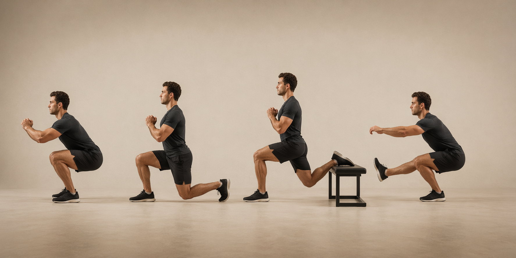 Progression sequence from bodyweight squat to split squat, Bulgarian split squat, and pistol squat
