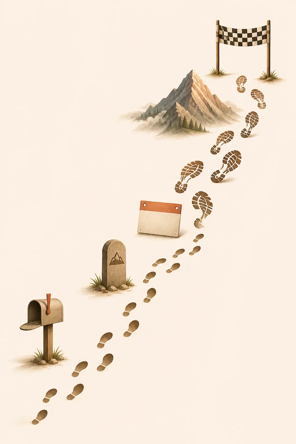 Ascending footprints moving from mailbox walks to race and mountain milestones