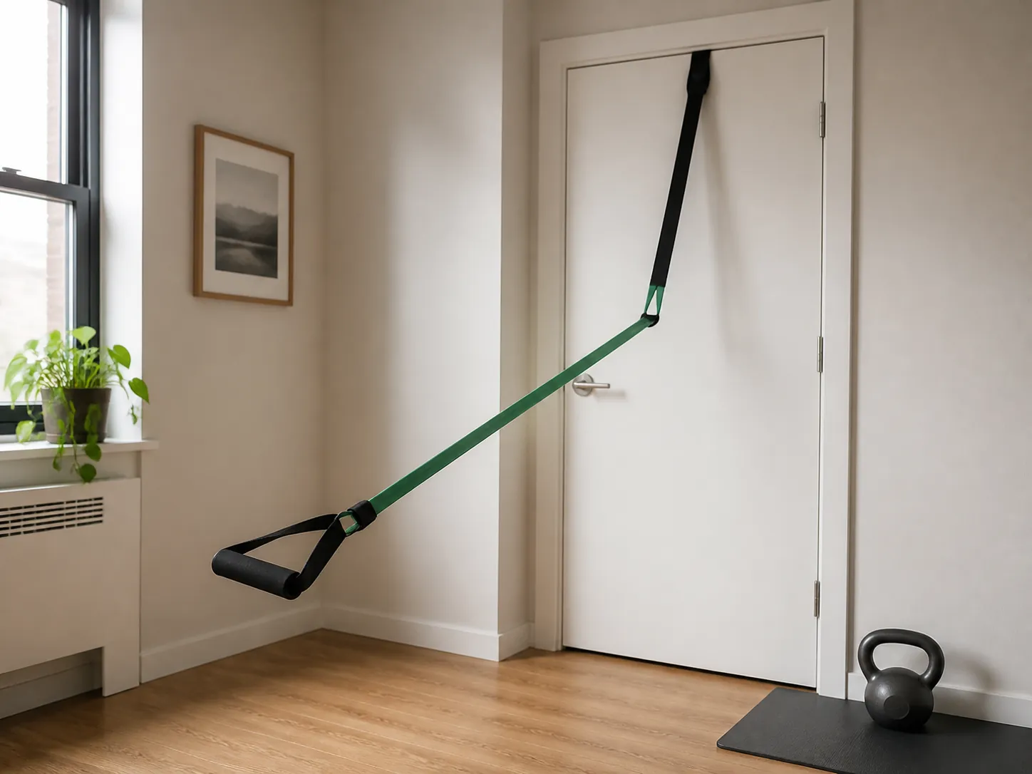 Resistance band anchored over a closed apartment door with a kettlebell on a protective mat nearby
