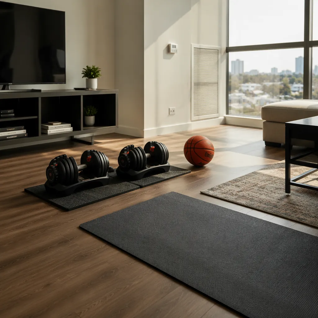Adjustable dumbbells, a basketball, and exercise mats arranged for a home workout in an apartment living room
