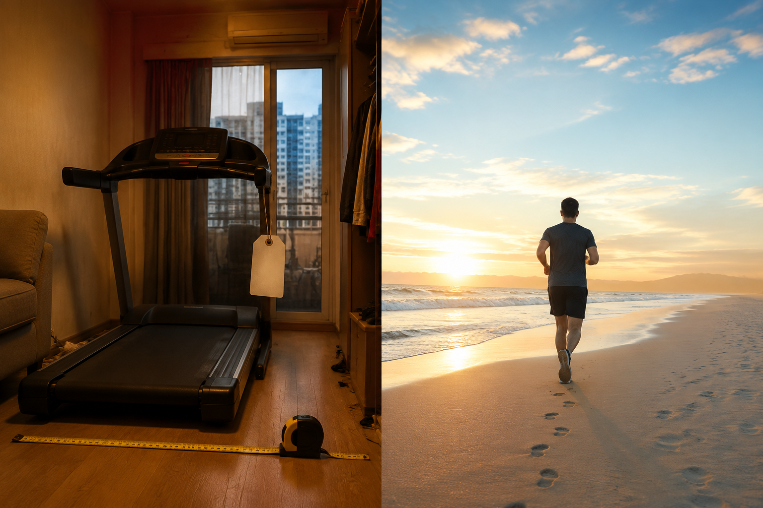 A cramped apartment treadmill contrasted with a wide open beach run at sunrise
