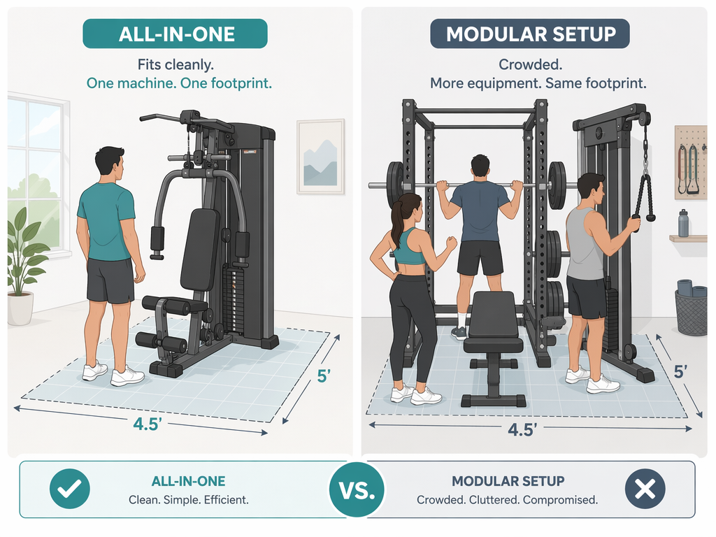 Split flat vector illustration comparing an all-in-one machine within a 4.5' x 5' footprint grid on the left versus a modular squat rack, bench, barbell, and cable tower crowded into the same footprint on the right, with human figures for scale.