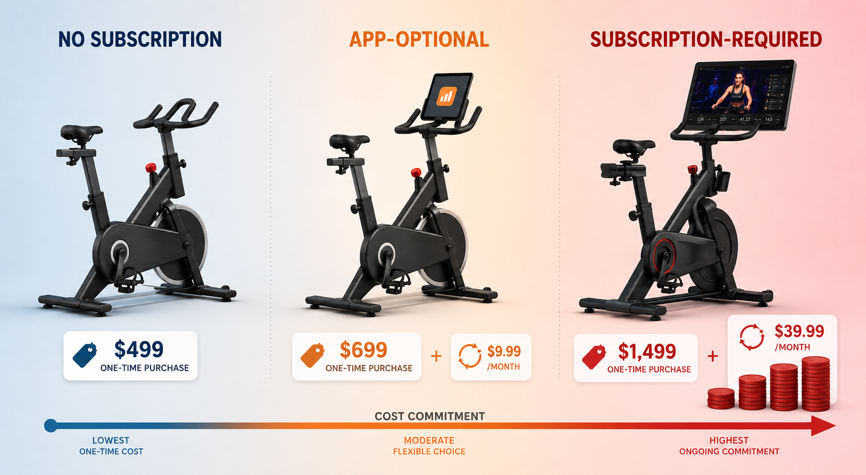 Three exercise bikes showing no-subscription, app-optional, and subscription-required ownership models