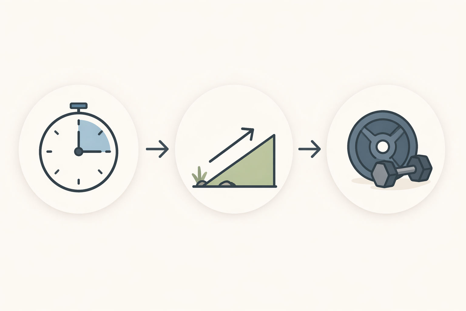 Three-step progression showing duration, incline, and weight in order