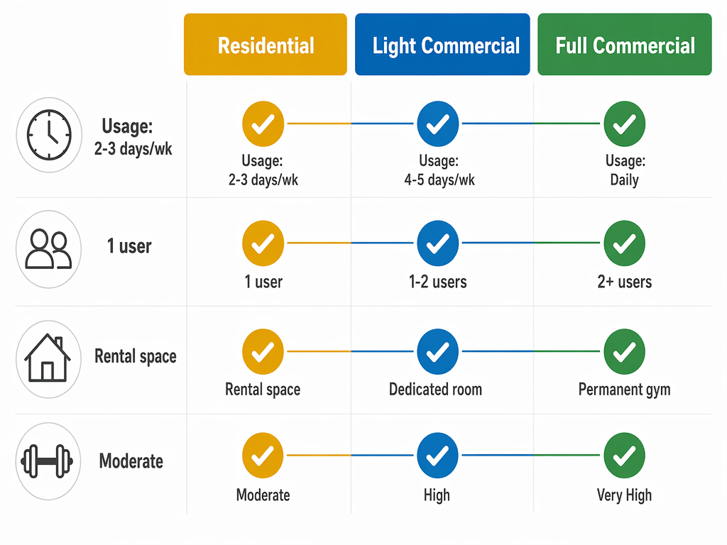 Decision matrix infographic with three columns for Residential, Light Commercial, and Full Commercial equipment tiers and four row criteria.