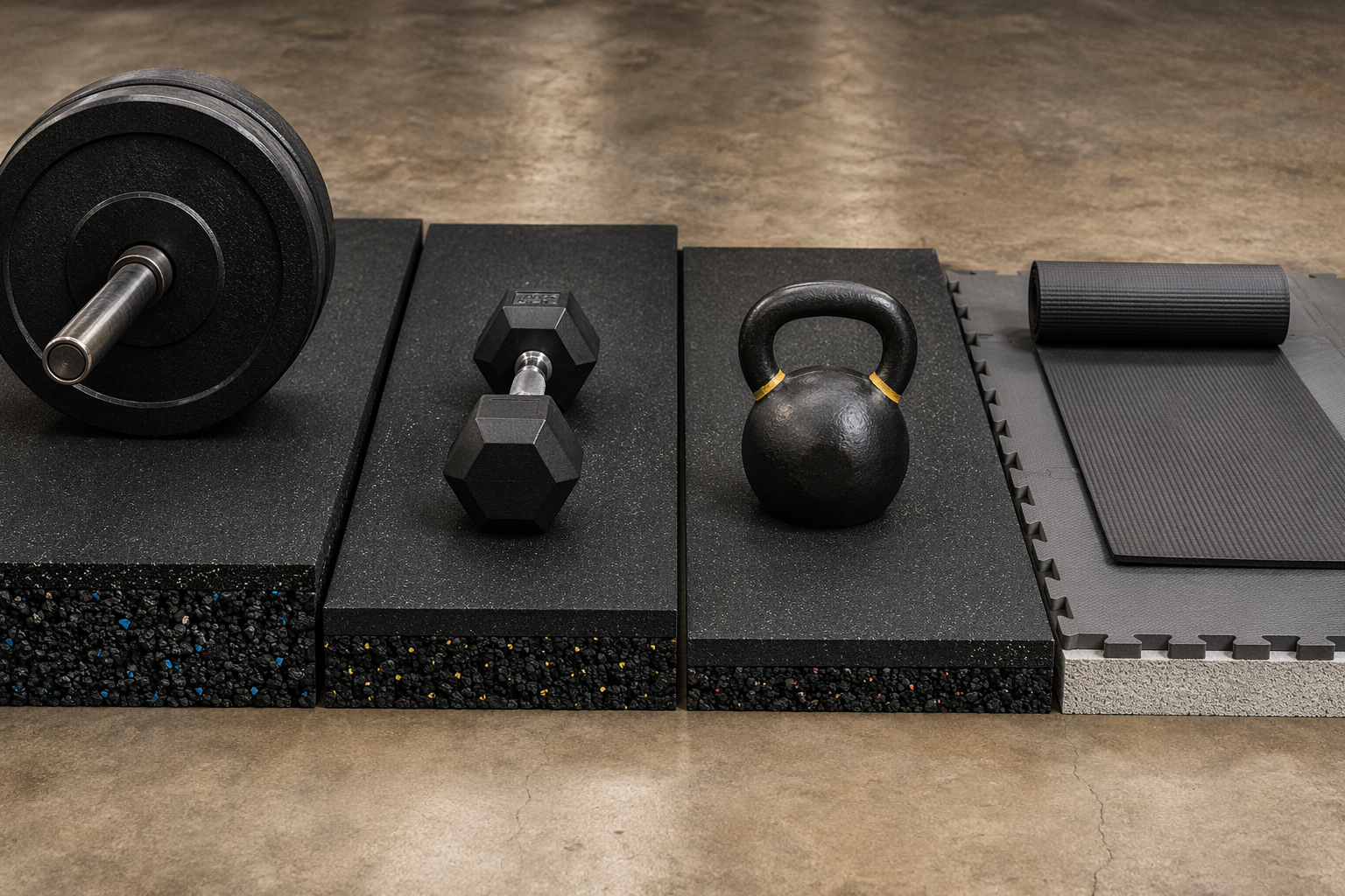 Barbell plate, dumbbell, kettlebell, and yoga mat matched with progressively thinner flooring cross-sections