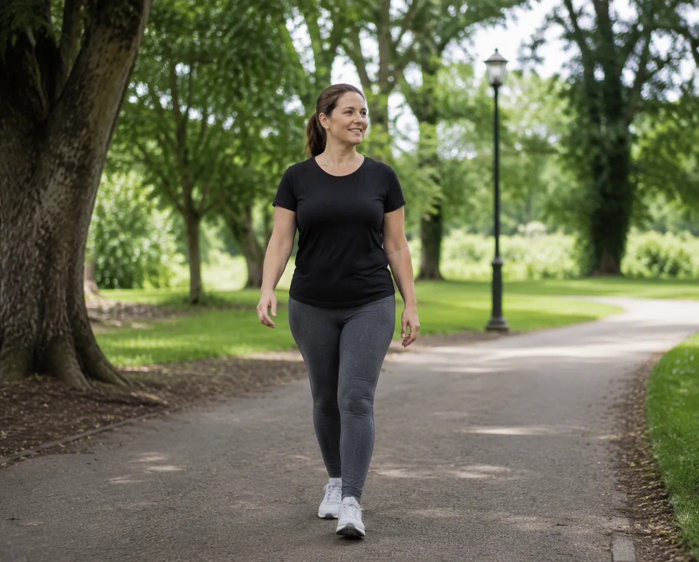 Woman taking a slow relaxed walk on a flat paved path during hysterectomy recovery