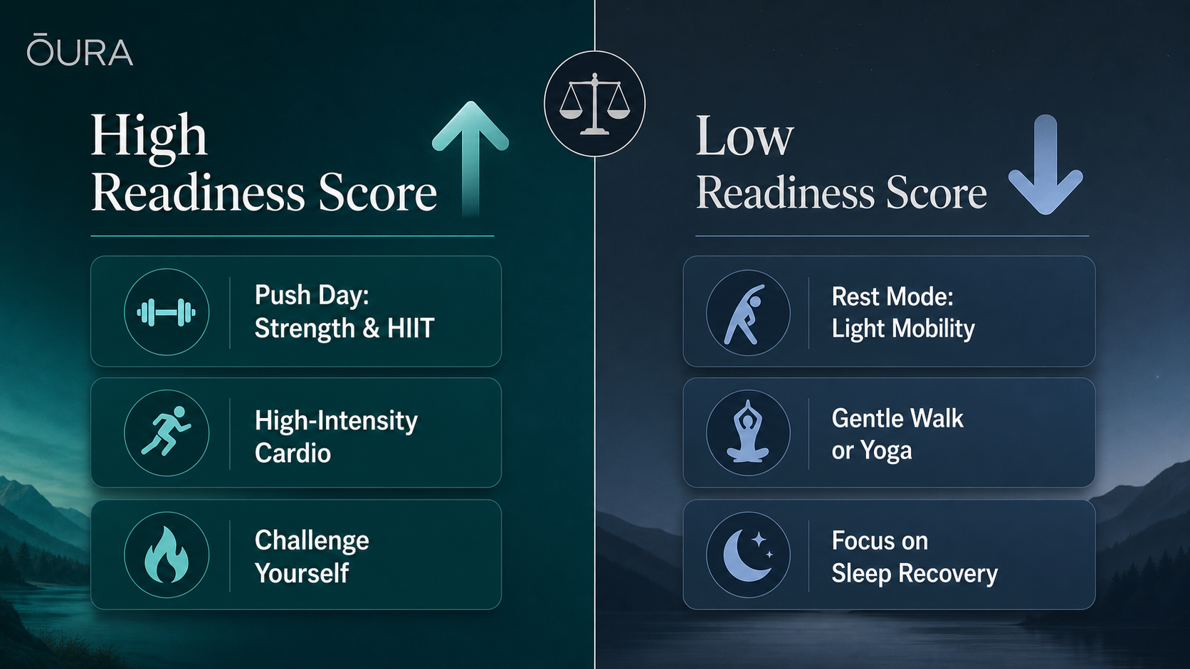 Editorial comparison visual split vertically: left half in warm teal tones titled 'High Readiness Score' with an upward arrow and three action cards showing 'Push Day: Strength & HIIT' with dumbbell icon, 'High-Intensity Cardio' with running figure, and 'Challenge Yourself' with flame icon; right half in cool blue-gray tones titled 'Low Readiness Score' with a downward arrow and three action cards showing 'Rest Mode: Light Mobility' with stretching figure, 'Gentle Walk or Yoga' with yoga icon, and 'Focus on Sleep Recovery' with moon icon; a dividing line with a scale icon runs down the center.