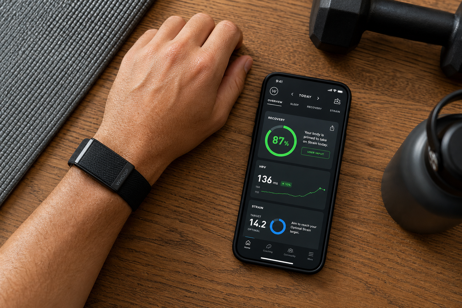 Flat-lay composition of a Whoop 5.0 band on a wrist next to a smartphone showing a green recovery dashboard, with a dumbbell, yoga mat, and water bottle in soft focus.