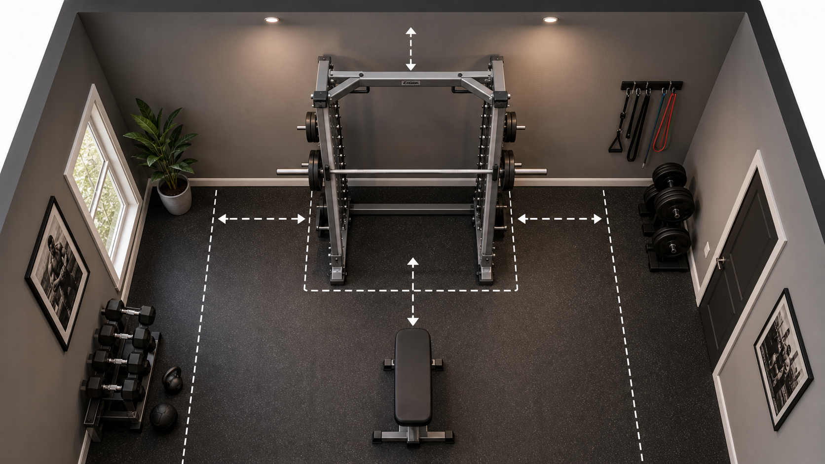 A top-down 3D-rendered view of a home gym room layout with a Smith machine in the center surrounded by dashed clearance zone indicators. A bench sits in the front clearance space. The room has neutral walls and a rubber gym mat floor.