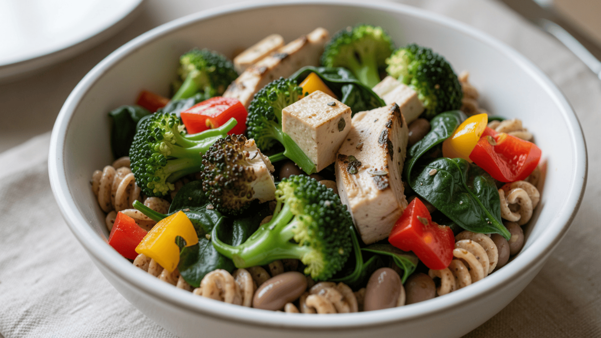 Post-workout recovery bowl with pasta, tofu, broccoli, beans, spinach, and colorful peppers
