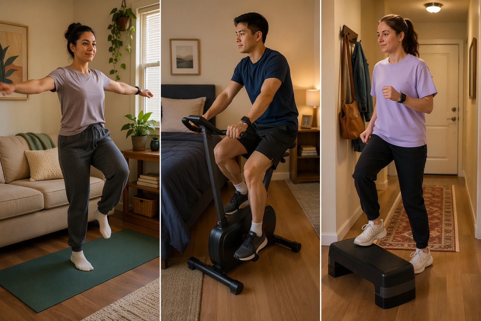 Split-scene composition showing three apartment cardio setups: left panel a person marching in place with arm circles on a yoga mat in a small living room, center panel a person on a compact stationary bike in a bedroom corner, right panel a person doing step-ups on a low platform in a hallway. All three wear visible wrist heart rate monitors.