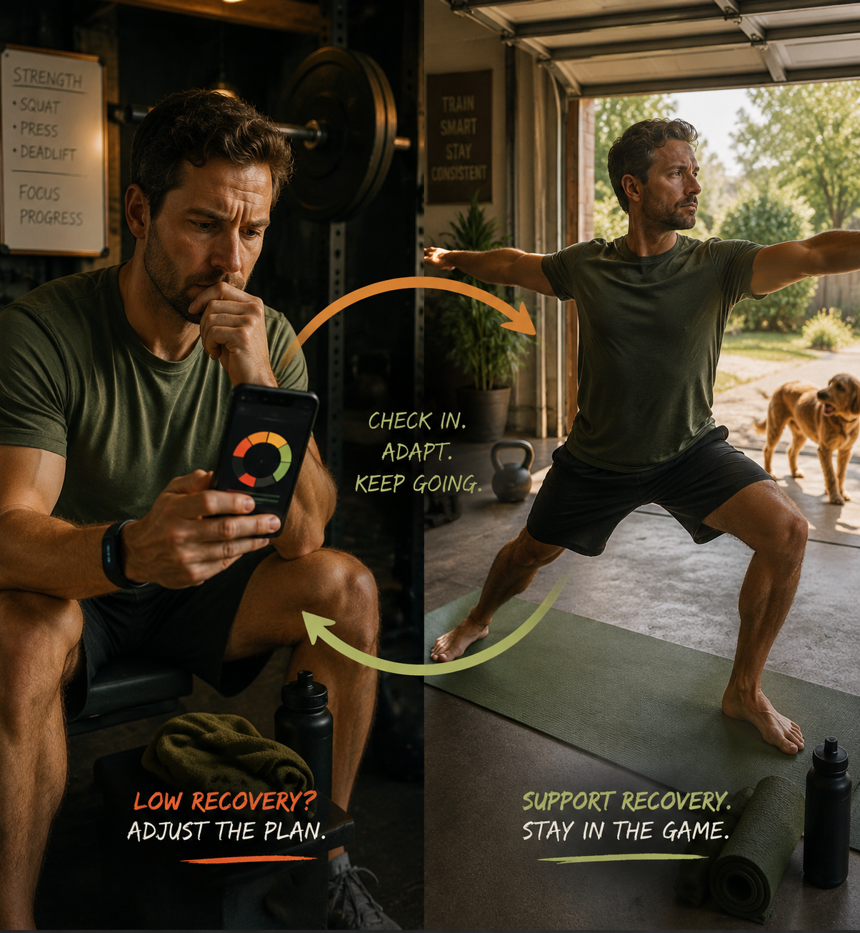 Home fitness athlete checking a recovery score and choosing a lighter workout instead of heavy lifting